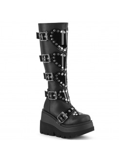 Buckled Heart Shield Black Gothic Wedge Knee Boots