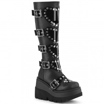 Buckled Heart Shield Black Gothic Wedge Knee Boots