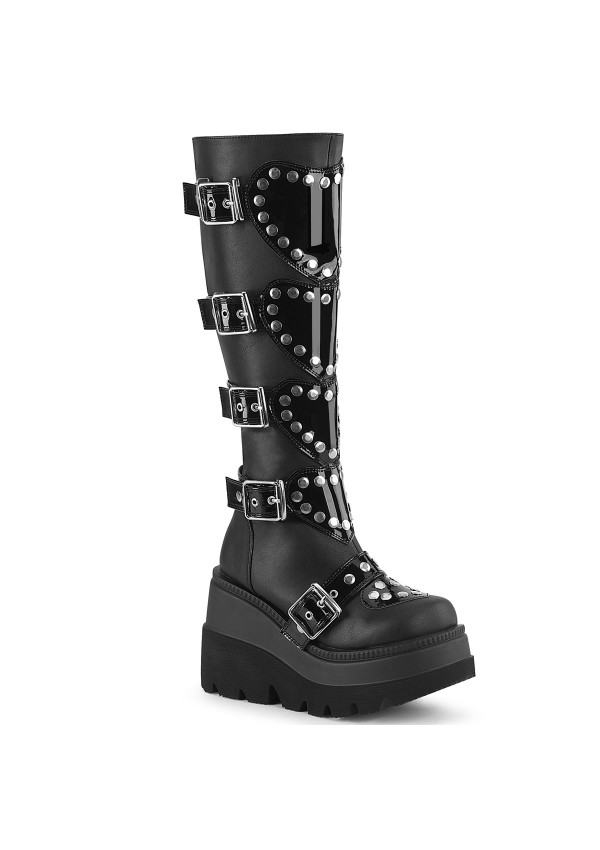 Buckled Heart Shield Black Gothic Wedge Knee Boots