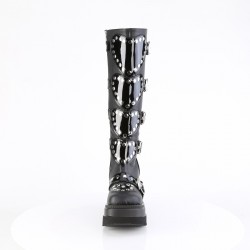 Buckled Heart Shield Black Gothic Wedge Knee Boots