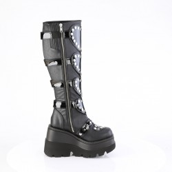 Buckled Heart Shield Black Gothic Wedge Knee Boots