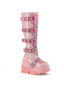 Buckled Heart Shield Pink Gothic Wedge Knee Boots