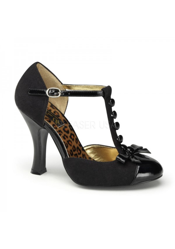 Smitten Button T-Strap Black Suede Pump