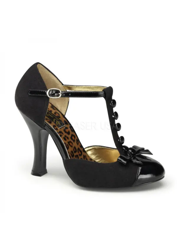 Smitten Button T-Strap Black Suede Pump