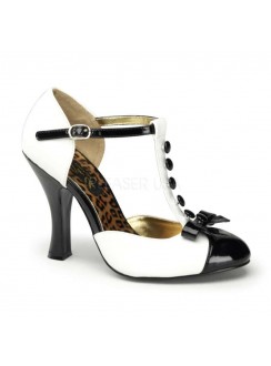 Button T-Strap White and Black Pump