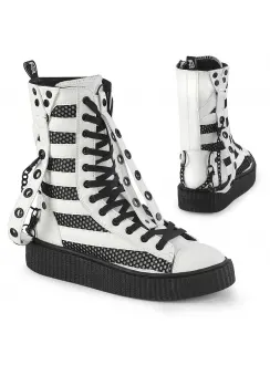  White and Black Striped Mid-Calf Creeper Sneaker Boots