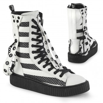  White and Black Striped Mid-Calf Creeper Sneaker Boots