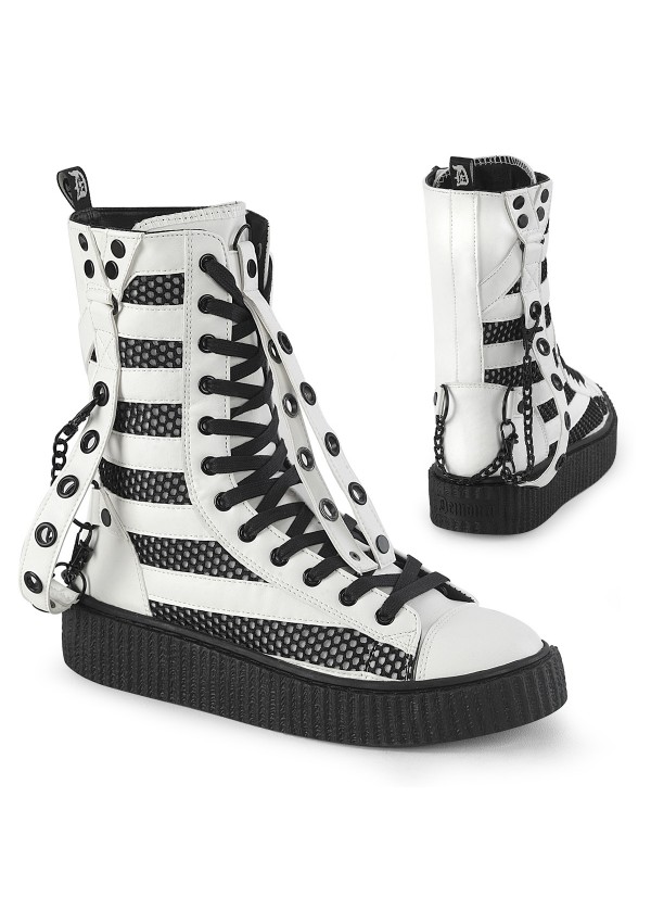  White and Black Striped Mid-Calf Creeper Sneaker Boots