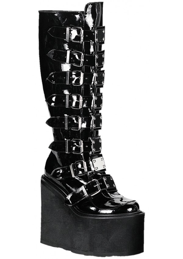 Swing Buckled Womens Platform Boots - Gothic Knee Boots with Metal Plates