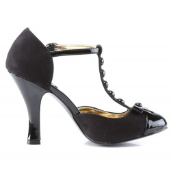 Smitten Button T-Strap Black Suede Pump