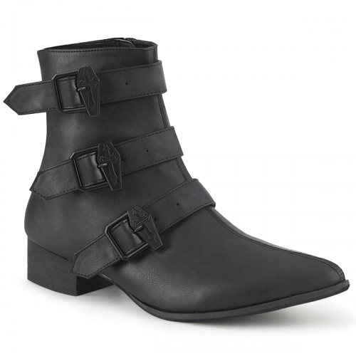 Men s Warlock 50 C Winklepicker Ankle Boots Black Faux Leather Coffin Buckles